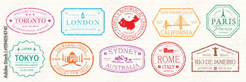 Colorful passport stamps from cities like Paris, Tokyo, and Sydney. Travel-themed stamps, approved and vibrant, showcasing global destinations and iconic landmarks. Colorful travel stamps, vector set.