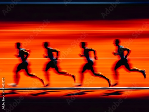 Four runners blurred in motion, sprinting on an orange track. Abstract, dynamic, and full of energy.