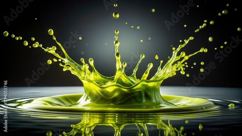 A pool of chartreuse liquid on a dark background, with several drips and splashes creating a sense of movement and energy, visual effect, chartreuse, dynamic movement photo