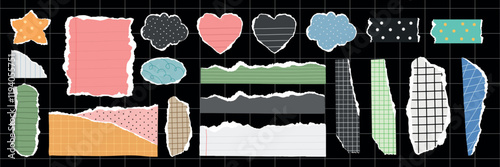 A collection of torn paper notes with various shapes like star, heart, and cloud. Torn paper with lines, grids, and polka dots. Torn paper for creative designs. Gray element vector set.