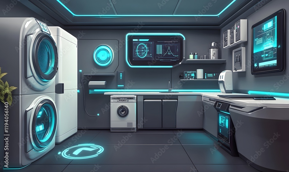 Obraz premium Futuristic smart home laundry and kitchen.