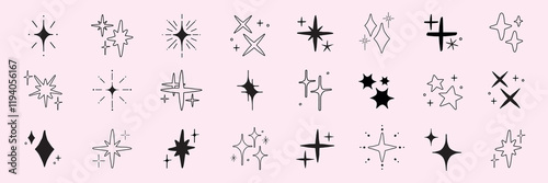 Collection of black starburst icons in various shapes. Starburst designs feature different styles and sizes. Perfect for graphic design and decoration. Element vector set.