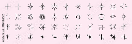 Collection of black starburst icons in various shapes. Starburst designs feature different styles and sizes. Perfect for graphic design and decoration. Element vector set.