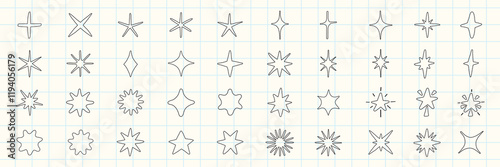Collection of black starburst icons in various shapes. Starburst designs feature different styles and sizes. Perfect for graphic design and decoration. Element vector set.