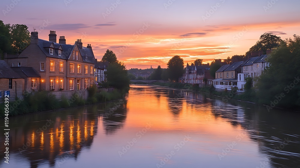 Fototapeta premium Sunset Glow Over Riverfront Houses and Calm Water