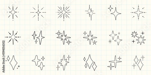 Collection of black starburst icons in various shapes. Starburst designs feature different styles and sizes. Perfect for graphic design and decoration. Element vector set.