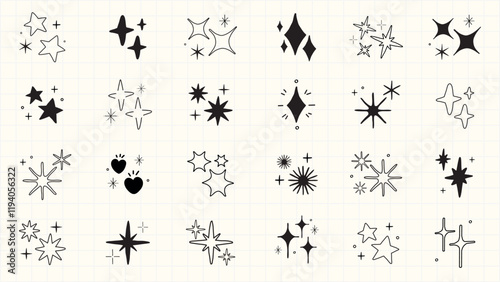 Collection of black starburst icons in various shapes. Starburst designs feature different styles and sizes. Perfect for graphic design and decoration. Element vector set.