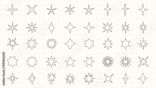 Collection of black starburst icons in various shapes. Starburst designs feature different styles and sizes. Perfect for graphic design and decoration. Element vector set.