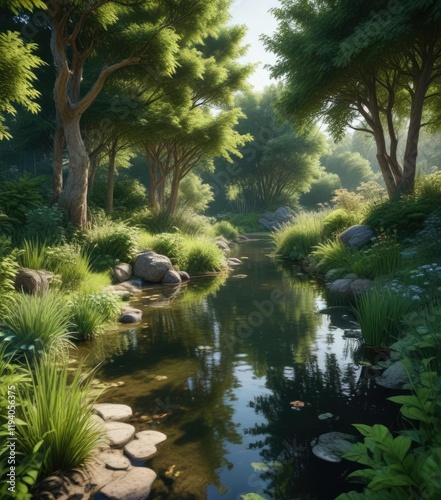 A small pond nestled among greeny trees and bushes, creating a sense of seclusion, serenity, greenspace
