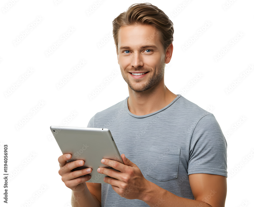 Portrait of handsome smiling man using a tablet computer. Portrait of handsome smiling man using a tablet computer.