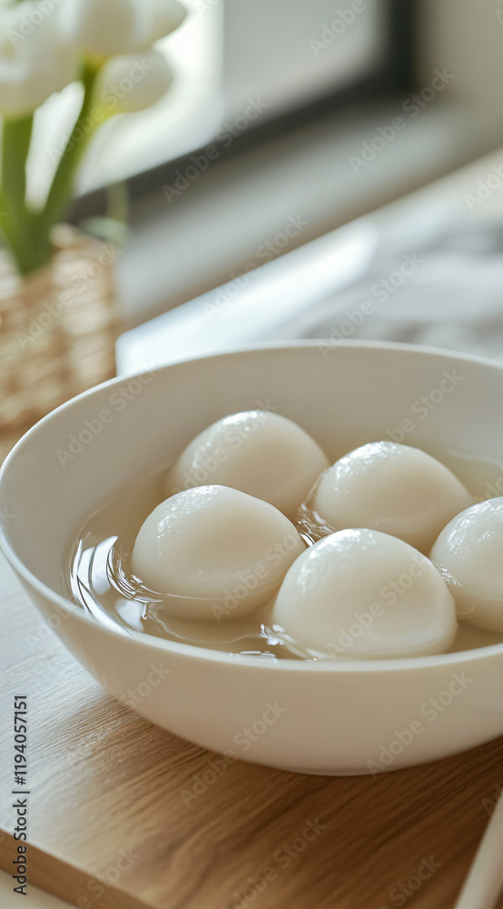 Close-up of a bowl of tangyuan on the table Close-up of a bowl of tangyuan on the table