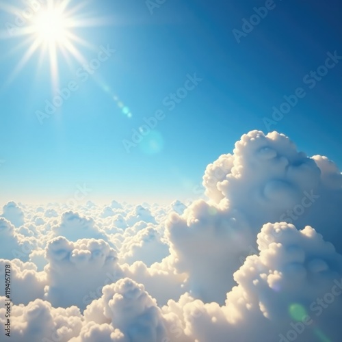 White clouds gather in the distance against a brilliant blue canvas illuminated by a shining sun's rays, sky, soft colors, distance