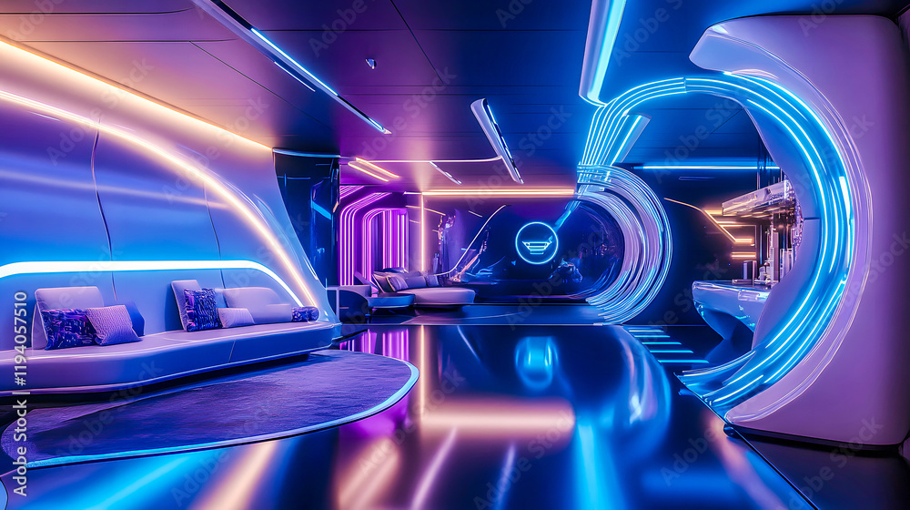 Fototapeta premium Futuristic Lounge with Neon Accents and Minimalist Design for Modern Spaces