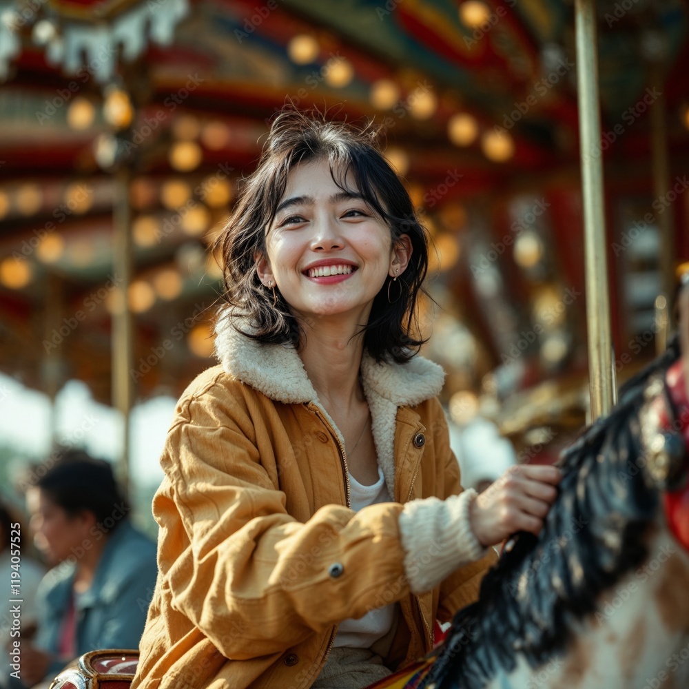 Obraz premium Young Woman on a Carousel: Cheerful and Bright