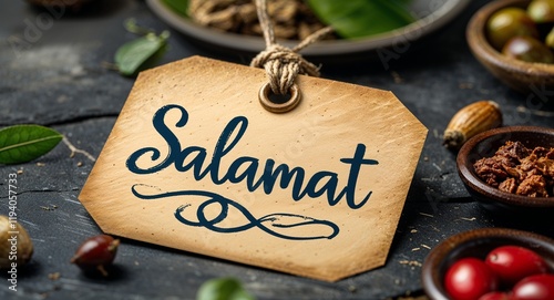 salamat handwritten on paper tag at table background photo