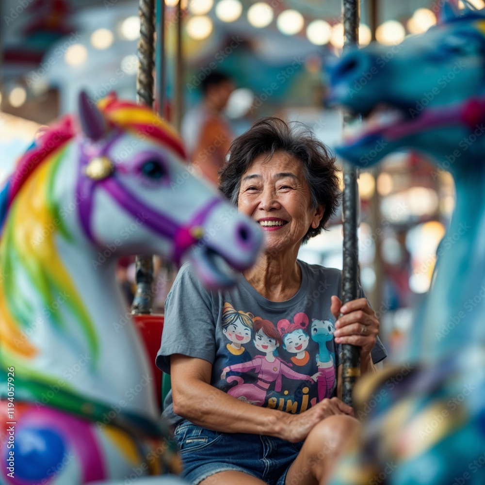 Fototapeta premium Senior Woman Smiles on Carousel: Joyful Ride