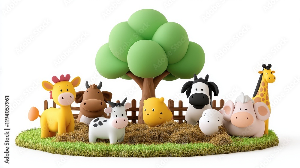 Naklejka premium Colorful Cartoon Farm Animals with Tree and Fences in Pasture