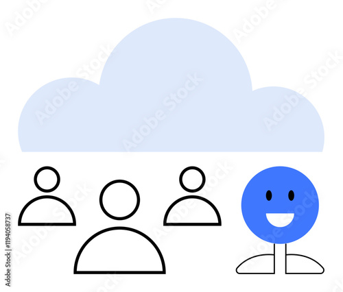 Large cloud above simple person icons and smiling blue figure. Ideal for teamwork, cloud services, collaboration, tech, networking, digital solutions, abstract line flat metaphor