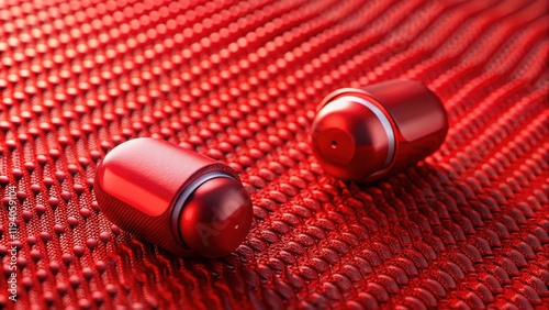 Glossy Red Capsules Resting on a Scaled Surface