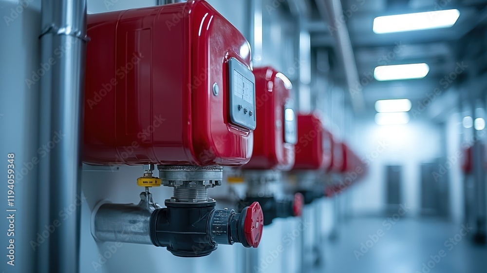 Red industrial gas meters in a facility. Red industrial gas meters in a facility.