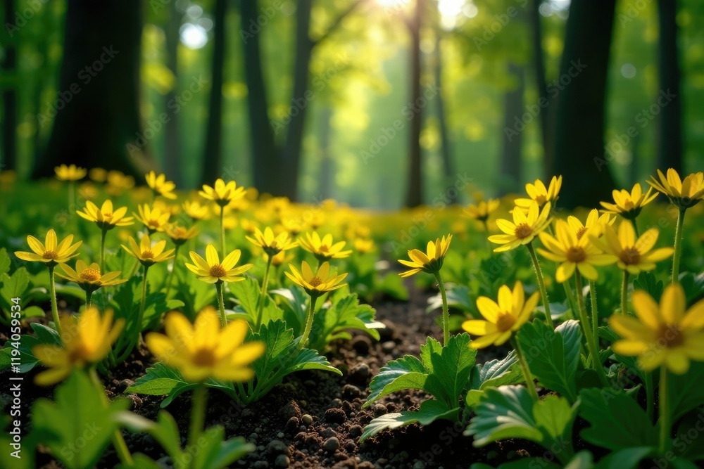 A kaleidoscope of yellow wildflowers blooms in the forest understory, nature photography, sunny forest, soil A kaleidoscope of yellow wildflowers blooms in the forest understory, nature photography, sunny forest, soil