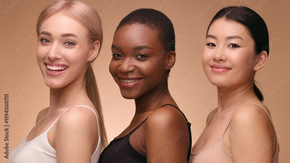 Three women of different backgrounds stand side by side, each smiling and showcasing their confidence. The background is a soft, neutral tone, emphasizing their diversity and beauty. Three women of different backgrounds stand side by side, each smiling and showcasing their confidence. The background is a soft, neutral tone, emphasizing their diversity and beauty.