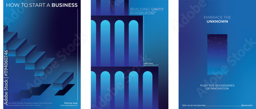 Three blue-themed business posters with abstract designs. Keywords: business, innovation, unity. Emphasize business and innovation themes. Gradient innovative business posters.