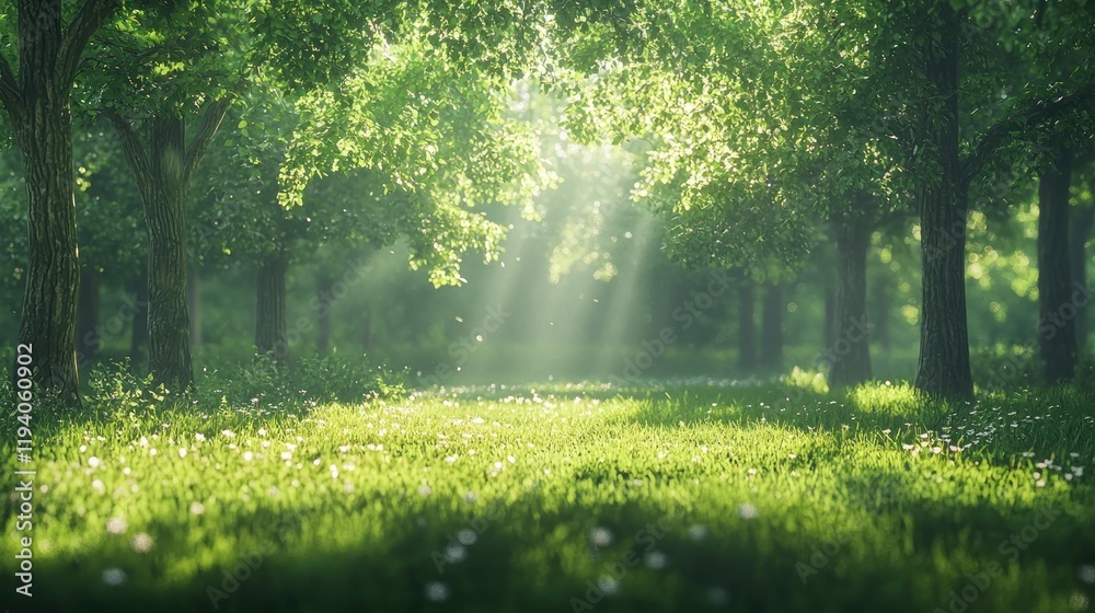 Fototapeta premium Sunny forest path with green grass and trees.