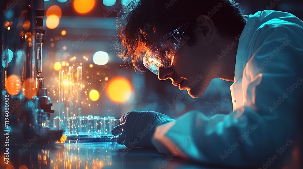 A scientist in a lab, their face lighting up as they observe a successful experiment A scientist in a lab, their face lighting up as they observe a successful experiment