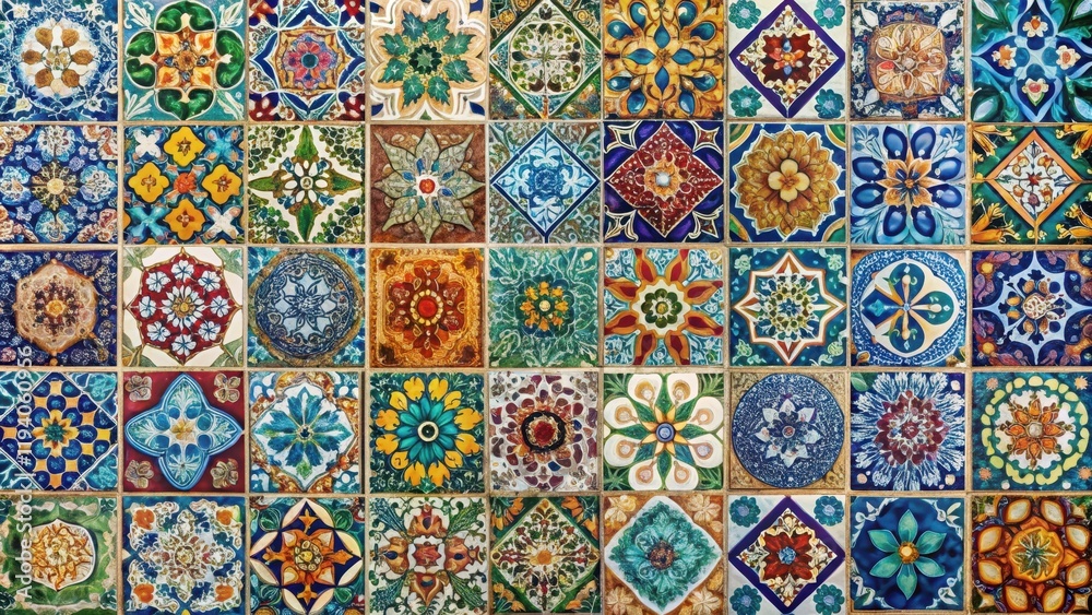 A vibrant mosaic of intricately patterned tiles, each square a testament to the artistry of hand-painted ceramics, showcases a kaleidoscope of colors and intricate designs.