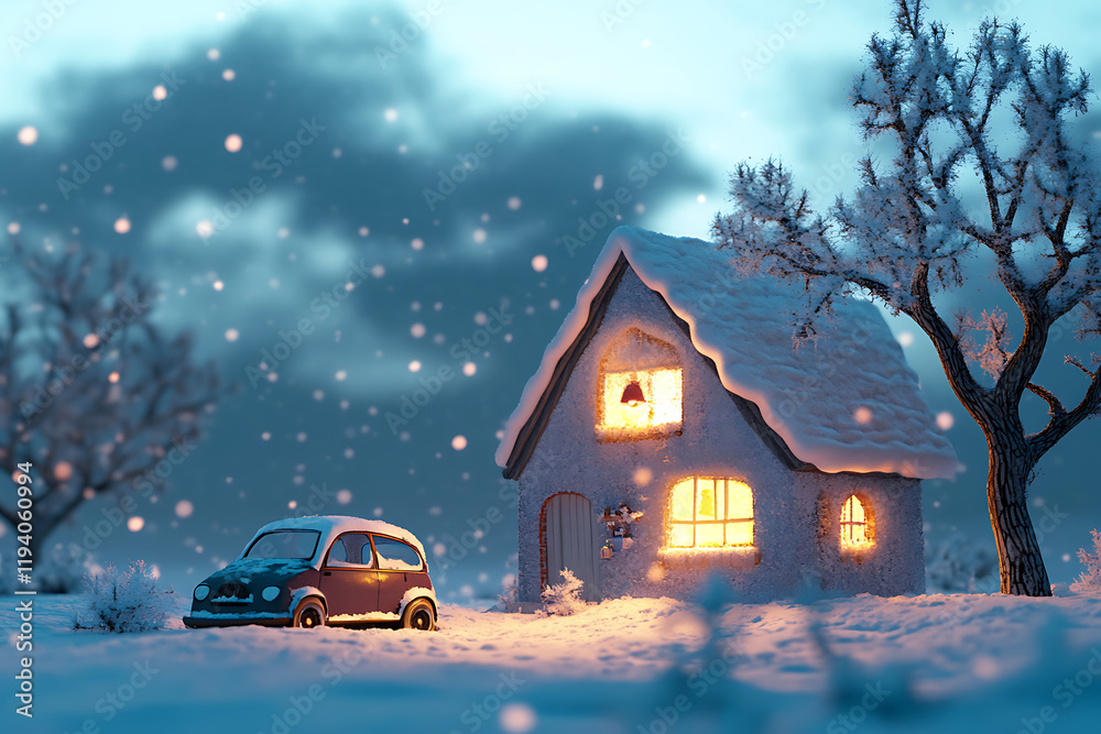 A cozy winter scene featuring a snow-covered house and a vintage car. A cozy winter scene featuring a snow-covered house and a vintage car.