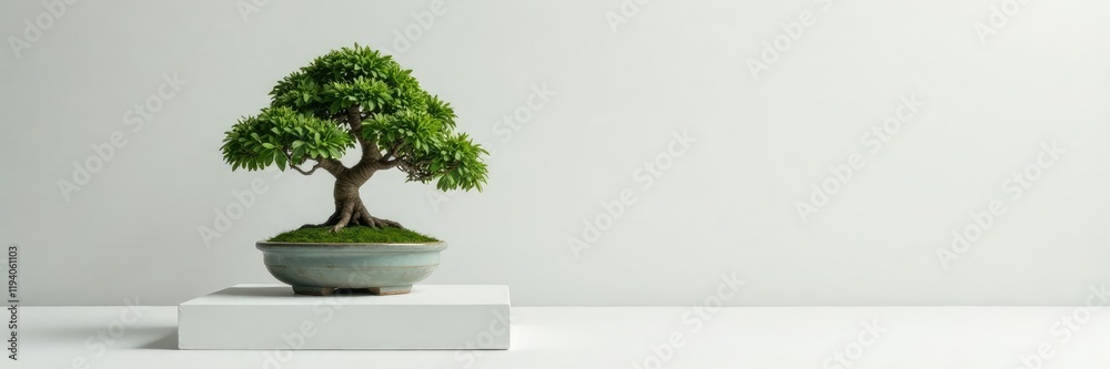 Bonsai tree in a simple ceramic vase on a plain white table platform, tidy, organized, bonsai Bonsai tree in a simple ceramic vase on a plain white table platform, tidy, organized, bonsai