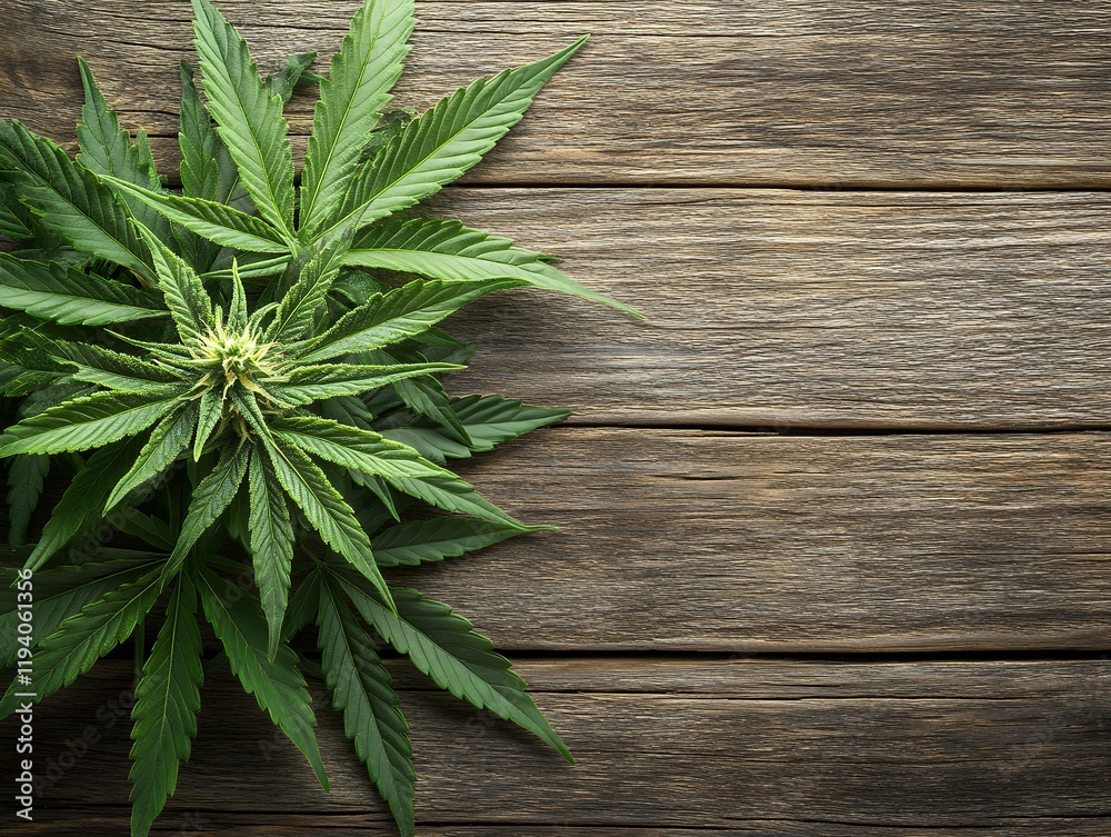 Close-up view of a cannabis plant on a rustic wooden surface. Close-up view of a cannabis plant on a rustic wooden surface.