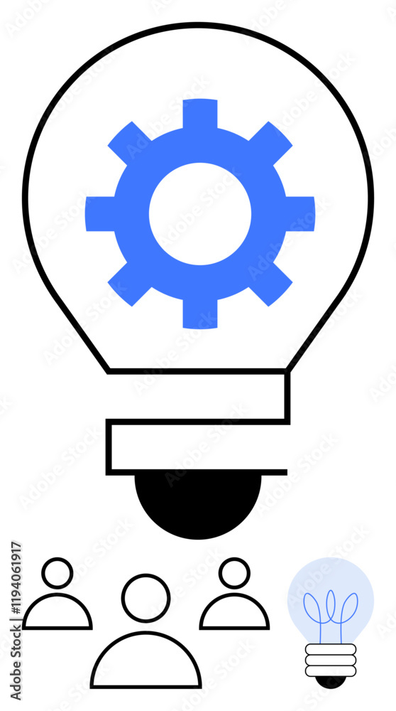 Lightbulb with blue gear at center above four simplified human figures. Small glowing bulb icon on the side. Ideal for innovation, teamwork, technology, solutions, brainstorming, leadership, abstract Lightbulb with blue gear at center above four simplified human figures. Small glowing bulb icon on the side. Ideal for innovation, teamwork, technology, solutions, brainstorming, leadership, abstract
