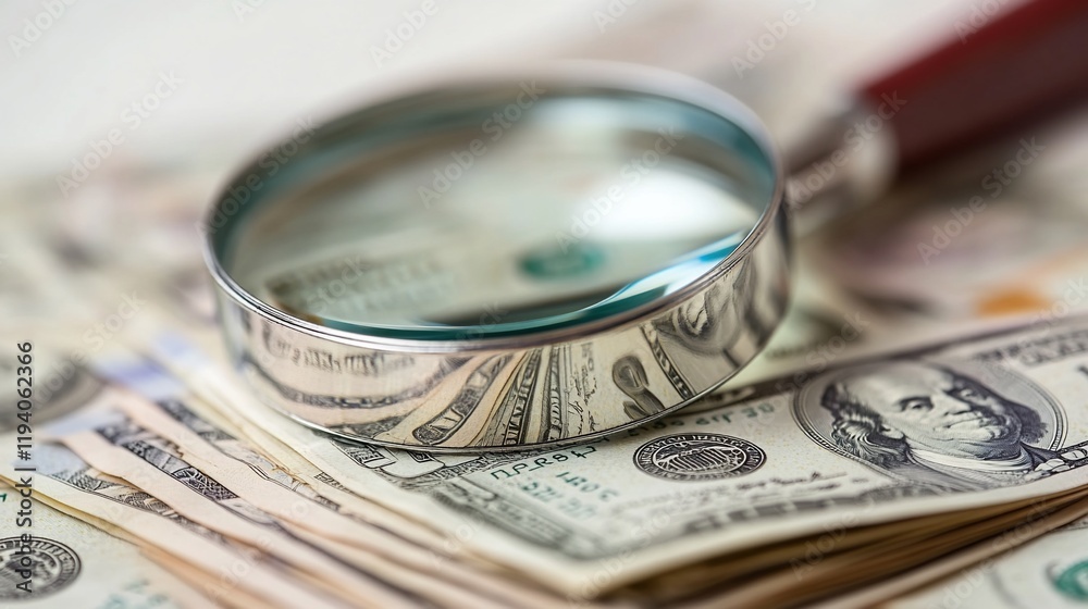 Magnifying glass on stack of US dollar bills. Magnifying glass on stack of US dollar bills.