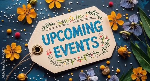upcoming events handwritten on paper tag at table background