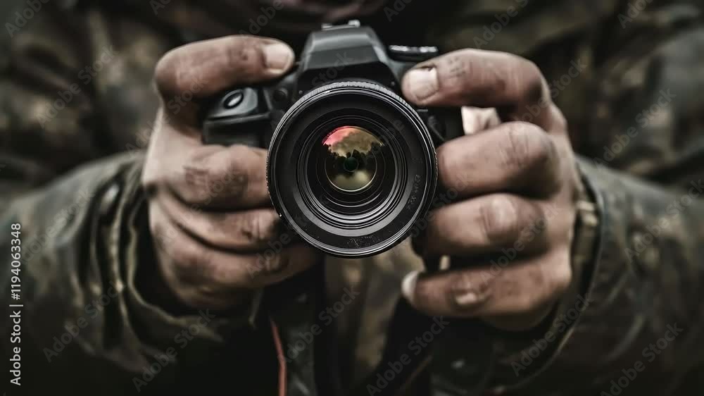 Close-Up of a Photographer Holding a Camera with Both Hands Close-Up of a Photographer Holding a Camera with Both Hands