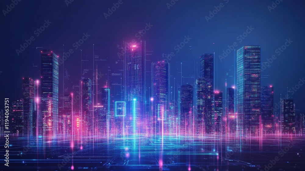 Glowing skyscrapers light up the night sky in a vibrant neon cityscape. Generative AI Glowing skyscrapers light up the night sky in a vibrant neon cityscape. Generative AI