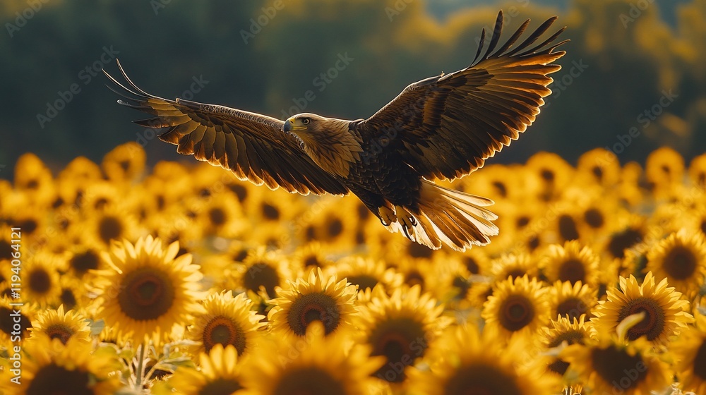 Obraz premium Majestic eagle in flight over a vibrant sunflower field at sunset.