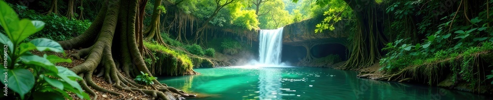 Fototapeta premium Emerald waterfalls amidst giant tree roots and vines, landscape, environment, green