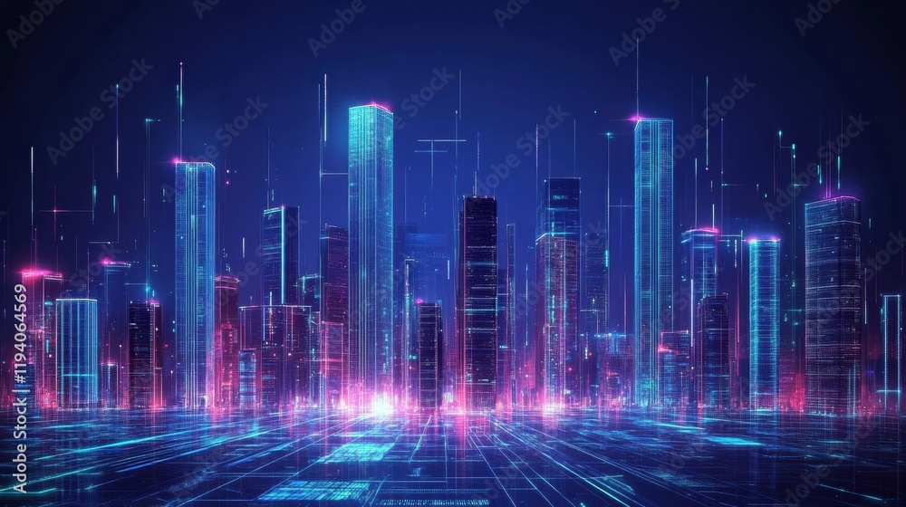 Glowing skyscrapers illuminate the cityscape with vibrant neon colors at night. Generative AI