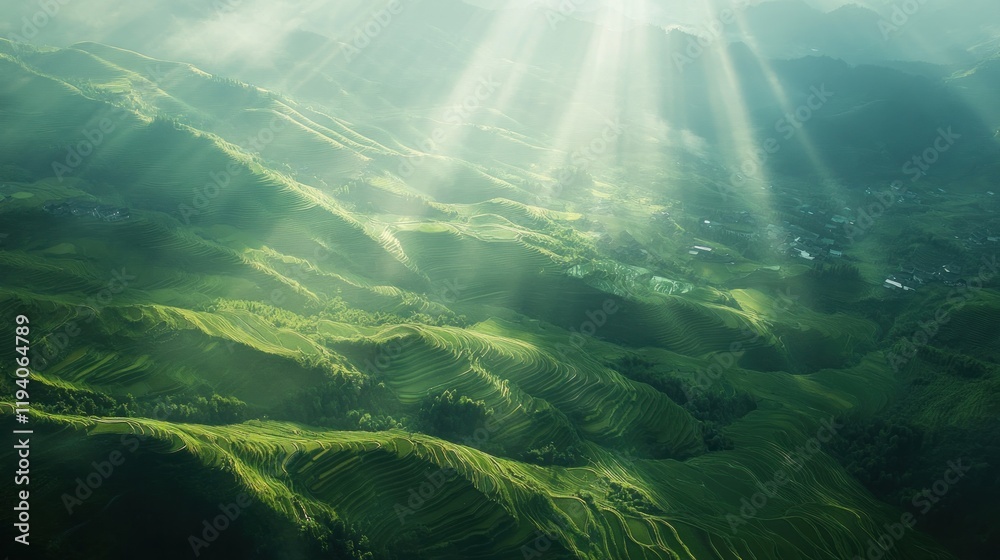 Sunbeams illuminating lush green rice terraces Sunbeams illuminating lush green rice terraces