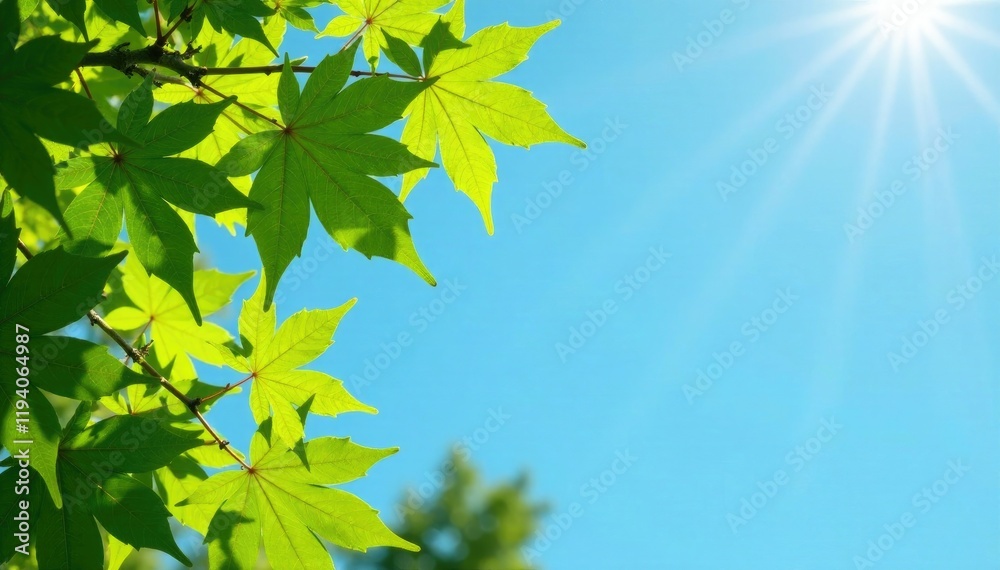 Fresh green maple leaves and blossoms against clear blue sky, forest, nature