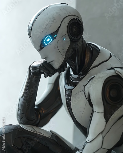 Humanoid robot with glowing blue eyes in a thinking pose, chin resting on its hand, featuring a sleek metallic futuristic design photo