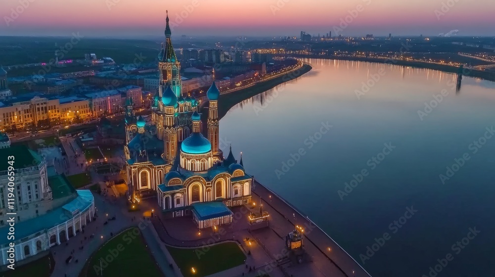Obraz premium A stunning aerial view of Kazan city center. The Kazanka River divides old-world charm and modern elegance, glowing in the soft tones of twilight