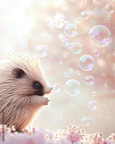 Adorable Hedgehog Blowing Soap Bubbles in a Meadow, a Whimsical Nature-Themed Illustration, children's room illustration photo