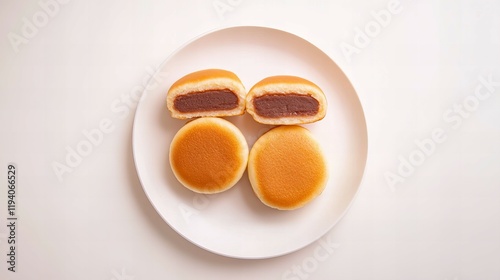 Soft, pillowy dorayaki filled with red bean paste, neatly placed on a white plate, captured from above on a pure white background photo