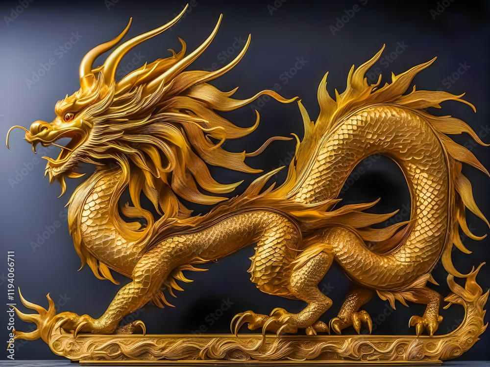 Fototapeta premium Golden dragon dynamically positioned on a black background. Emphasize powerful and elegant style. And its ferocious expression conveys the essence of a dragon.
