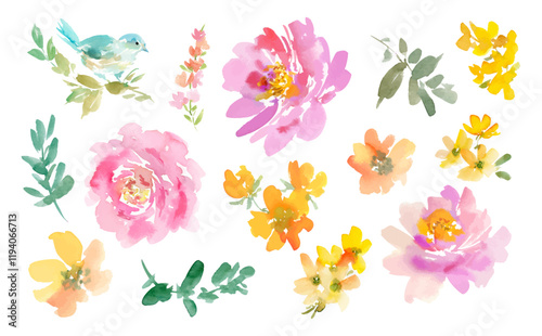Watercolor Abstract Pink Peonies, blue bird, Wildflowers, and Leaves Vector Illustration Set / Hand-Painted Floral Background Illustrations for Spring