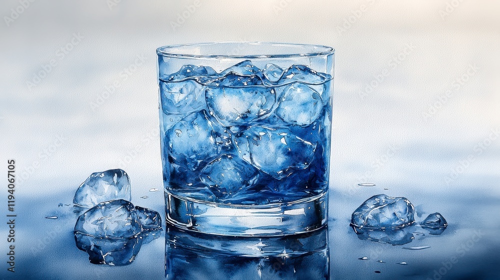 Glass of ice water with melting ice cubes on reflective surface. Glass of ice water with melting ice cubes on reflective surface.